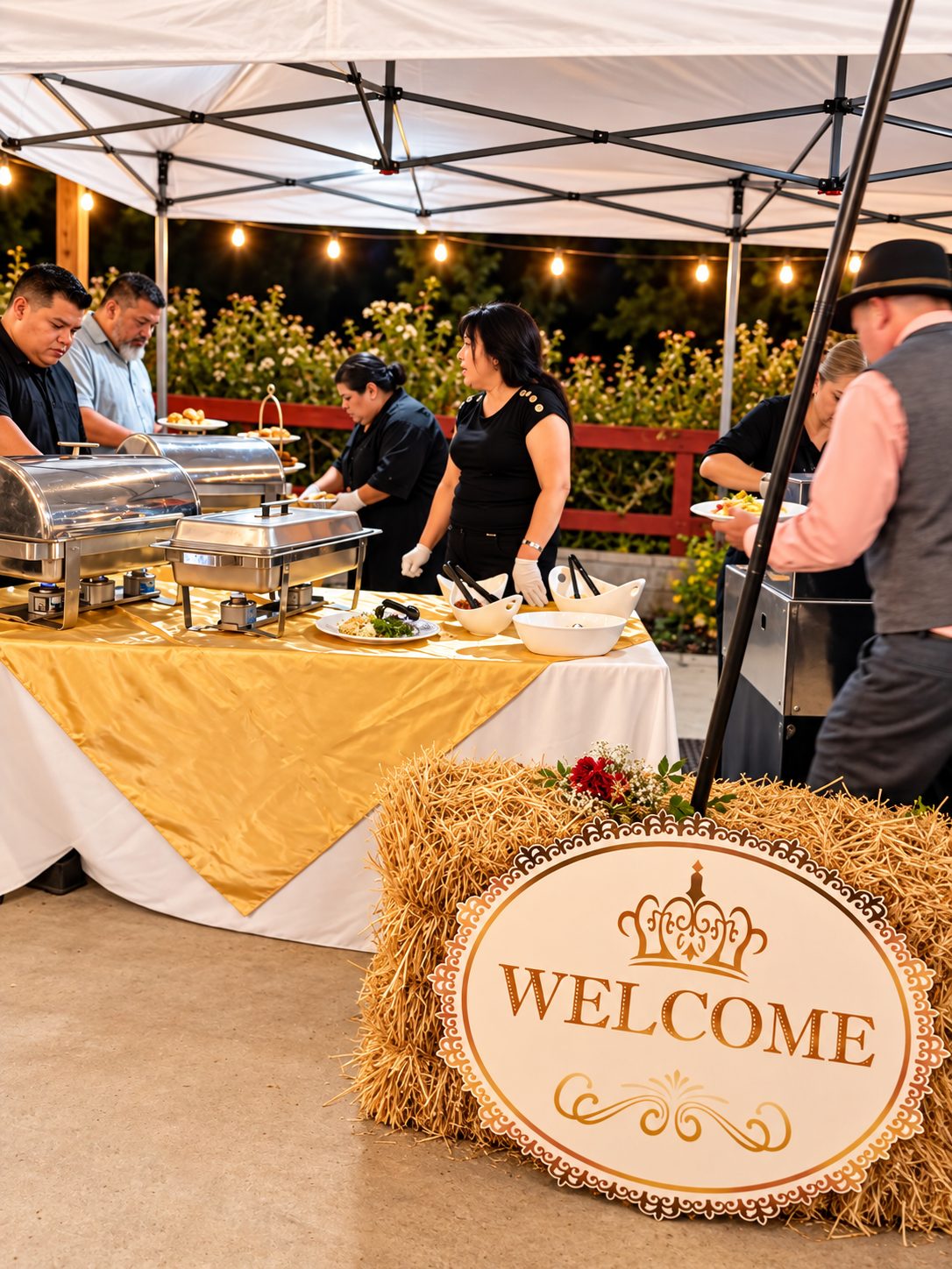 Event welcome sign and buffet